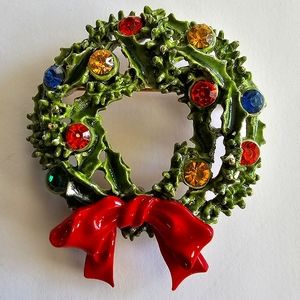 Vintage ART Arthur Pepper Signed Multi Stone Christmas Wreath Brooch Pin